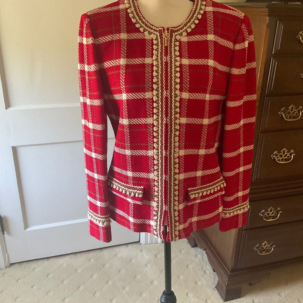 St John jacket, size 10, red, cream with rust colored trim